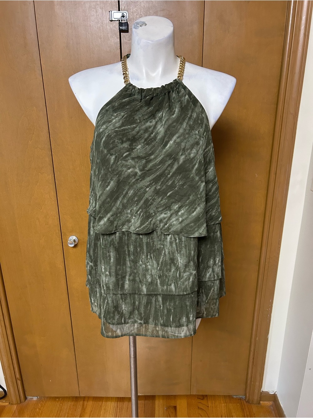 Michael Kors Olive Green Tiered Halter Camisole with Gold Chain